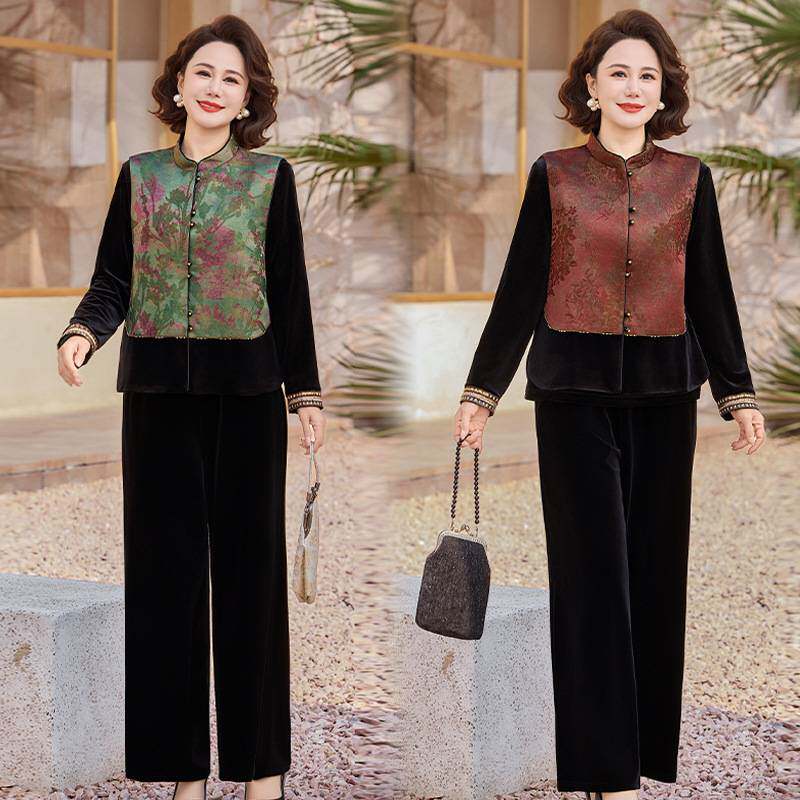官方正品中老年金丝绒三件套新中式妈妈春装新款端庄大气套装国风
