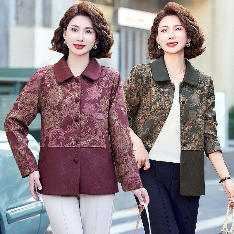 官方正品中老年女装秋装新款妈妈长袖碎花上衣老太太洋气厚款翻领