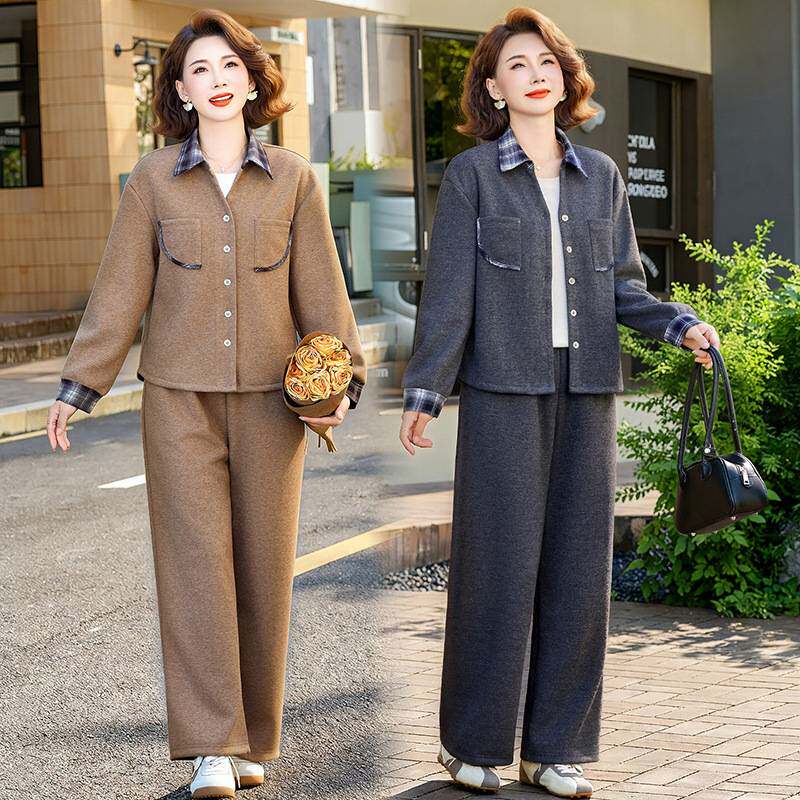 官方正品2026新款妈妈秋装套装时尚翻领格子上衣中老年女装运动休