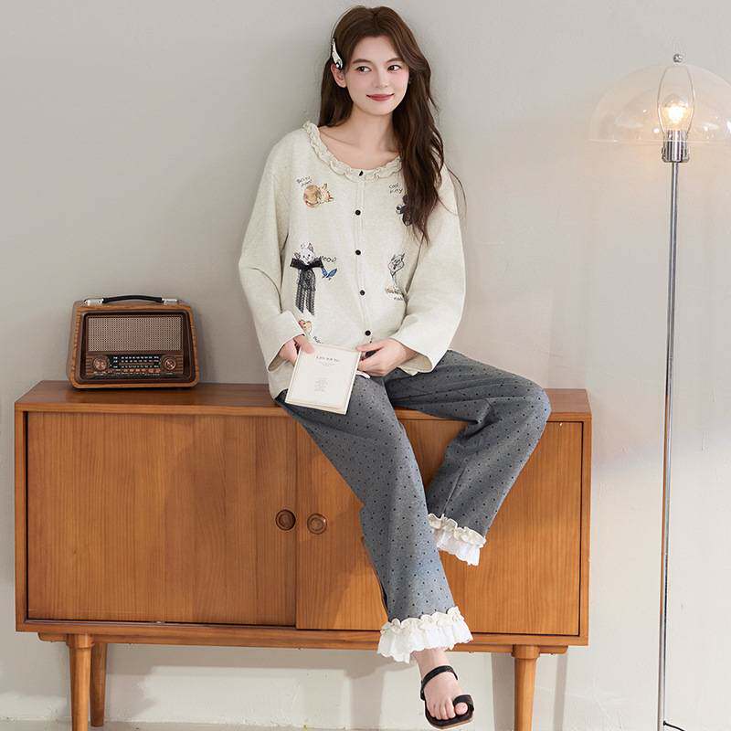 官方正品【超柔软】A类睡衣女春秋纯棉长袖日系卡通波点25新款家