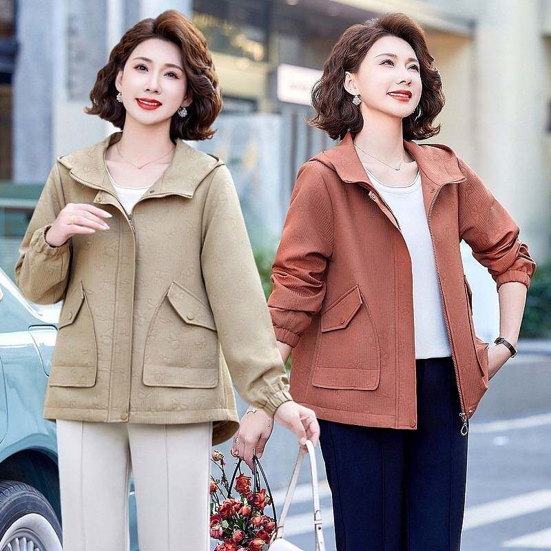 官方正品妈妈秋装洋气连帽外套奶奶拉链夹克衫中老年女装新款休闲
