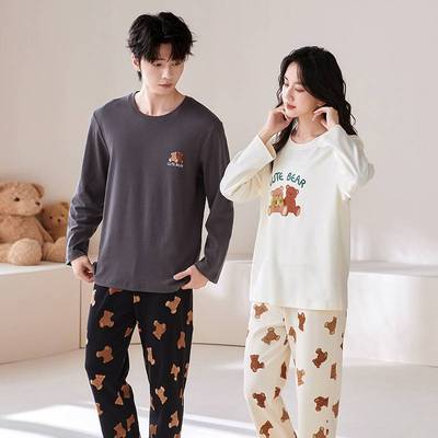 官方正品睡衣女卡通圆领长袖长裤简约休闲情侣套装可外穿薄款男士