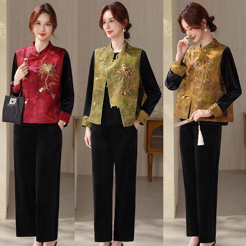 官方正品新中式妈妈春装大码金丝绒三件套装中老年春秋季马甲内搭