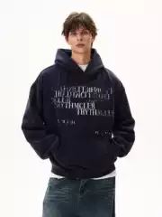 Maxdstr Distressed Washed Hoodie with Letter Print on the Back, Unisex Short Wide-Fit Heavyweight Jacket, Trendy Brand