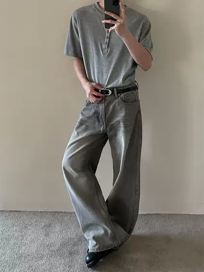 Maxdstr American Retro Smoky Gray Distressed Washed Cleanfit Jeans for Men and Women Loose Straight Pants