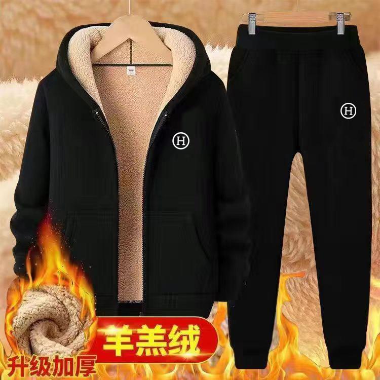 冬季羊羔绒加绒加厚新款运动套装连帽卫衣男士大码保暖开衫外套男
