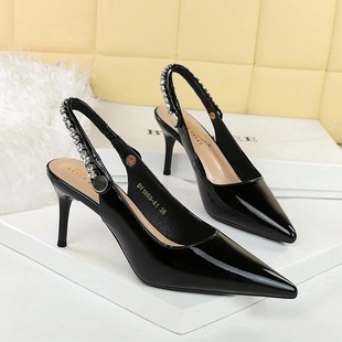 水钻后空绊带水钻淑女鞋 9cm 浅口尖头时尚 BIGTREE极简漆皮高跟鞋