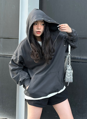 SHANSU潮牌深灰色铆钉金属重磅连帽套头美式复古外套卫衣男女同款