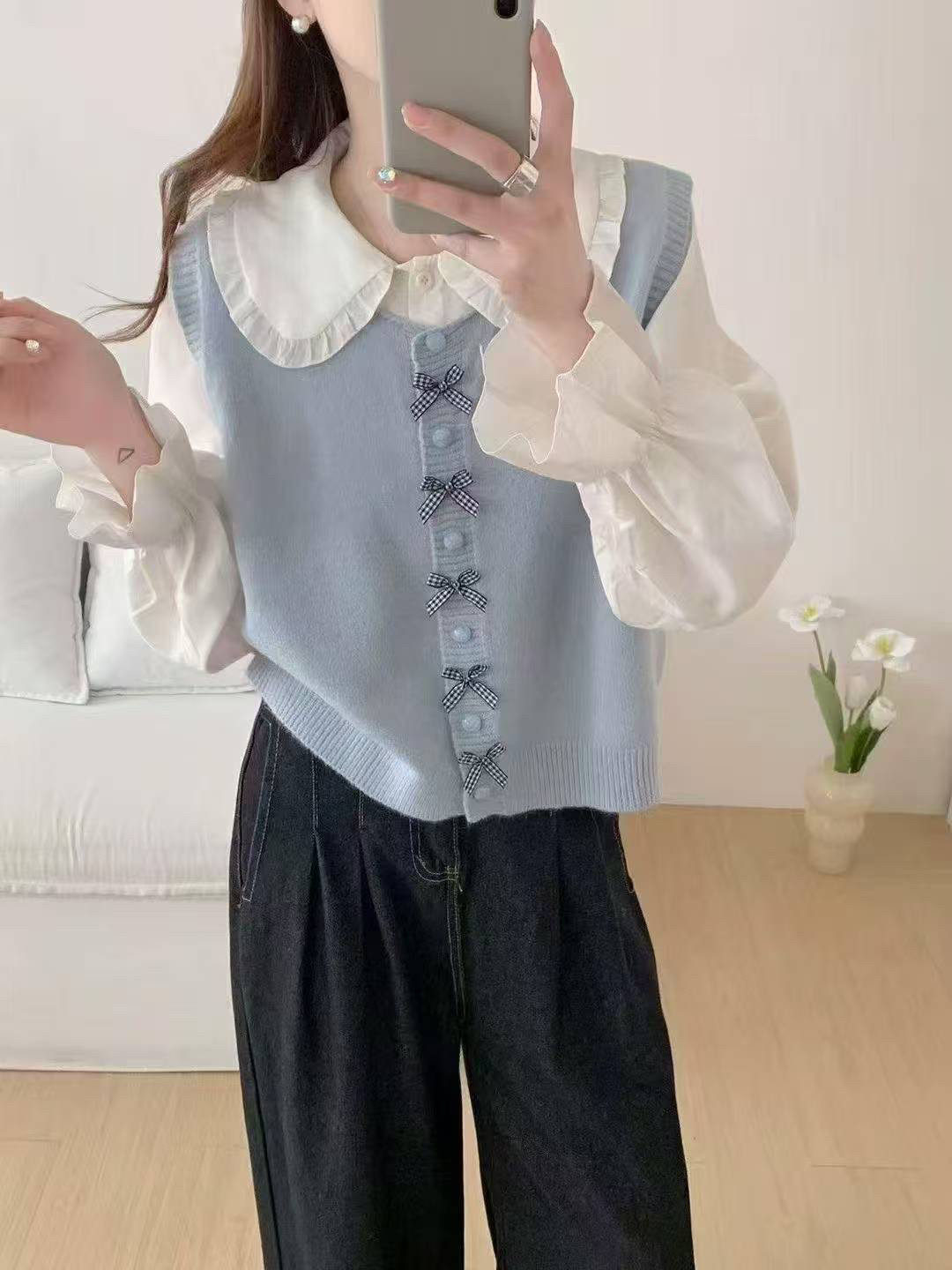 2025春季新款娃娃领衬衫女立体格子蝴蝶结糖果色针织开衫马甲