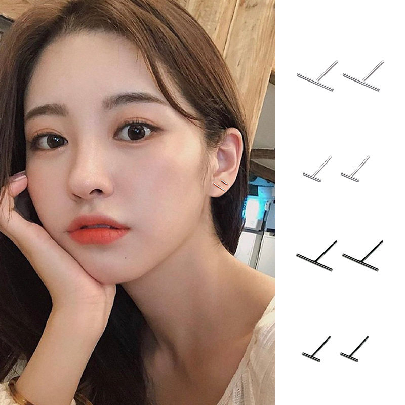S925纯银T字型一字棒耳钉睡觉免摘养耳洞防过敏防发炎耳骨钉耳环