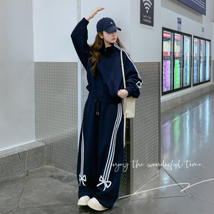 藏青色蝴蝶结卫衣运动套装女2025年秋季新款搭配一整套减龄两件套图片