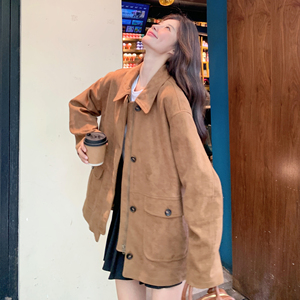 美式复古棕色麂皮绒外套女秋冬2024新款酷飒风高级感休闲工装夹克图片