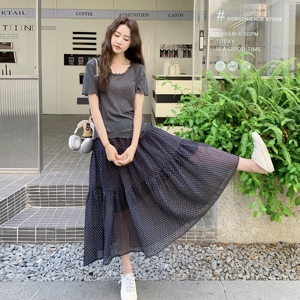 盐甜系夏日ootd穿搭套装女2025新款休闲短袖T恤波点半身裙两件套,女装套装/套裙,浙宝131