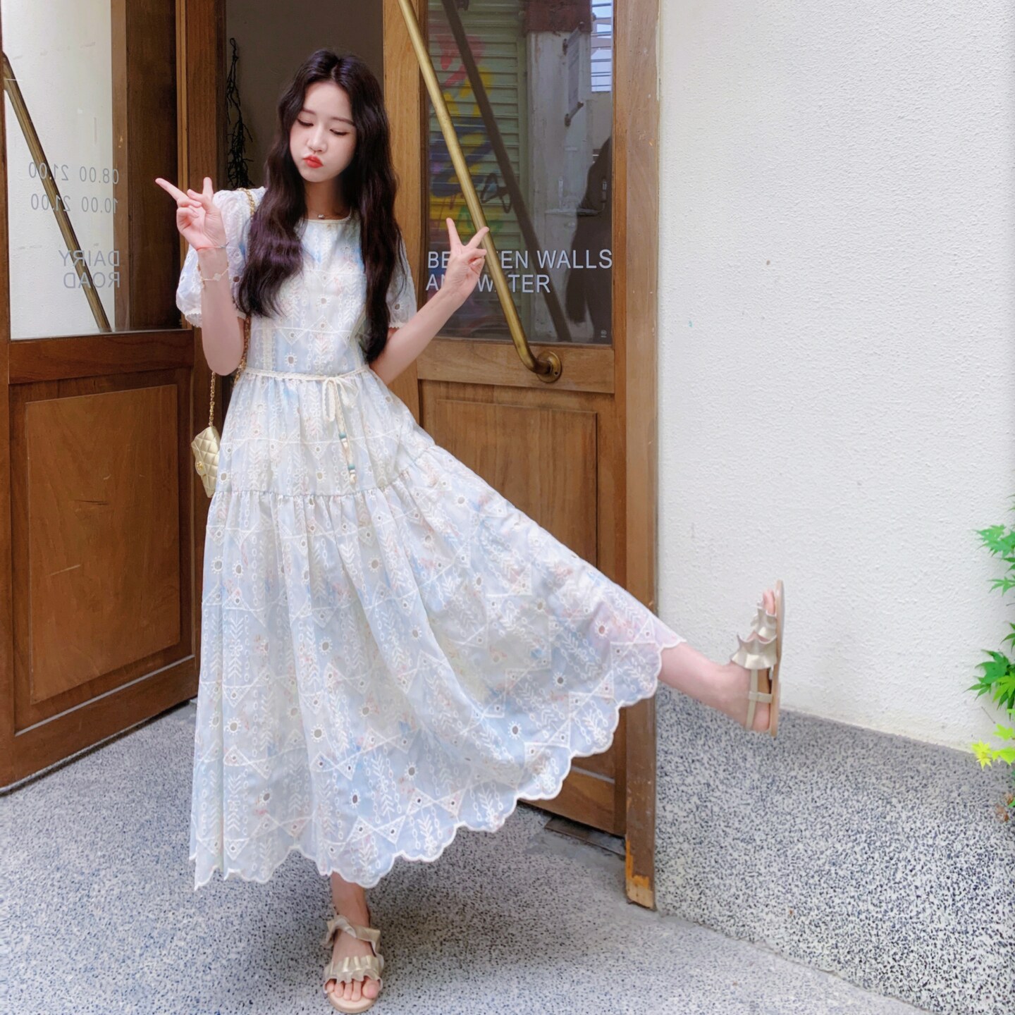 温柔风浪漫法式泡泡袖蕾丝印花连衣裙女夏季新款时尚洋气独特长裙,女装连衣裙,浙宝131
