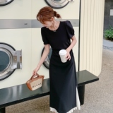 黑色轻熟法式复古气质赫本a字裙新款长款显瘦荷叶边连衣裙夏女，女装连衣裙，象礼