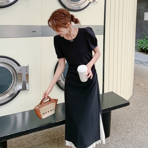 黑色轻熟法式复古气质赫本a字裙新款长款显瘦荷叶边连衣裙夏女图片