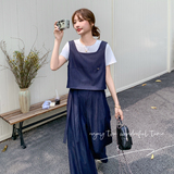 深蓝色休闲套装女2025夏季新款韩系气质显瘦马甲T恤阔腿裤三件套，女装套装/套裙，象礼