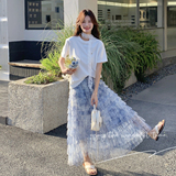 超仙短袖T恤扎染网纱蛋糕裙套装女2025夏季新款超好看气质两件套，女装套装/套裙，象礼