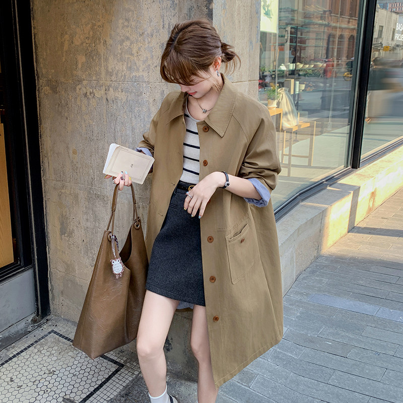 条纹拼接工装风衣外套女春秋中长款韩系高级感通勤休闲流行大衣,女装风衣,浙宝131