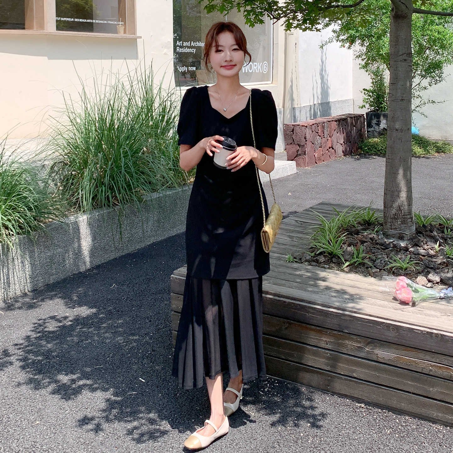 黑色御姐风气质显瘦连衣裙女2025夏季新款高级感拼接泡泡袖鱼尾裙,女装连衣裙,浙宝131
