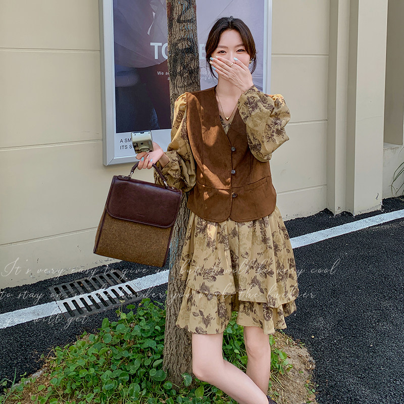 咖色法式复古马甲淡人套装女2025秋季气质设计感印花A字裙两件套,女装连衣裙,浙宝131