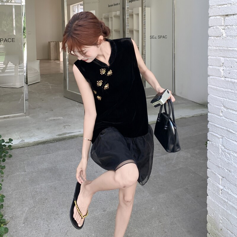新中式国风无袖丝绒连衣裙女2025夏新款高级感网纱拼接显瘦小黑裙,女装连衣裙,浙宝131