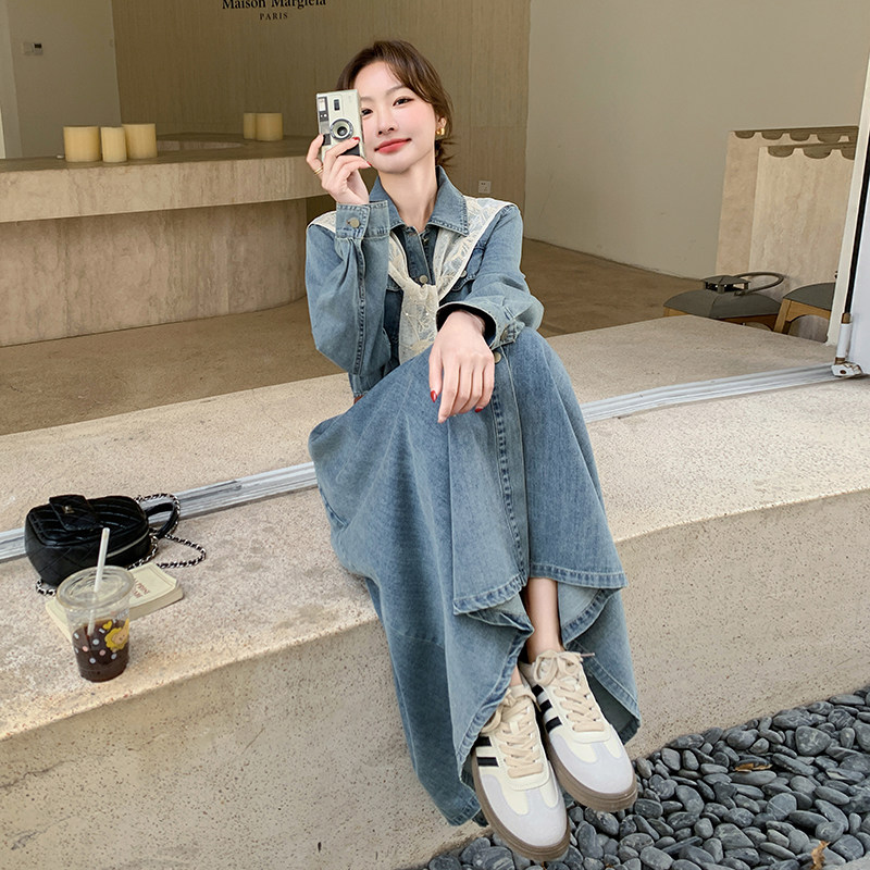 蕾丝披肩牛仔连衣裙女2025春季新款设计感超好看气质显瘦衬衫长裙,女装连衣裙,浙宝131