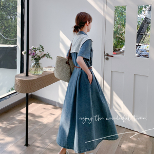 复古蕾丝披肩牛仔连衣裙女2025年夏季新款韩系气质减龄百搭a字裙,女装连衣裙,浙宝131