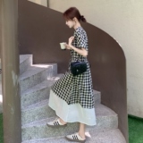温柔复古格子淡人连衣裙女夏季2025松弛感撞色拼接垂感大裙摆长裙，女装连衣裙，象礼