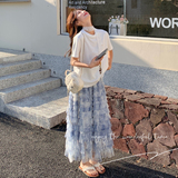 超仙短袖T恤扎染网纱蛋糕裙套装女2025夏季新款超好看气质两件套，女装套装/套裙，象礼