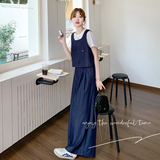 深蓝色休闲套装女2025夏季新款韩系气质显瘦马甲T恤阔腿裤三件套，女装套装/套裙，象礼