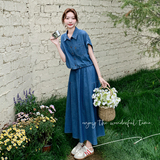 独特松弛感淡人牛仔衬衫套装女夏季2025新款条纹吊带半身裙三件套，女装套装/套裙，象礼