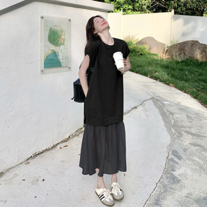 深灰色网纱连衣裙女2025夏季新款法式纯色宽松显瘦鱼尾拼接长裙子