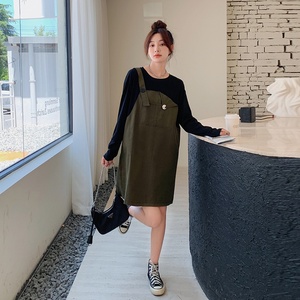 春装韩版假两件连衣裙女早春秋2025年新款设计感宽松军绿色背带裙,女装连衣裙,浙宝131