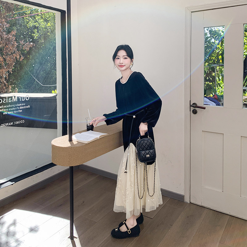 设计感网纱拼接丝绒连衣裙女2025春季新款轻熟风御姐显瘦减龄长裙,女装连衣裙,浙宝131
