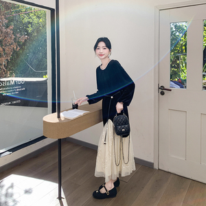 设计感网纱拼接丝绒连衣裙女2025春季新款轻熟风御姐显瘦减龄长裙