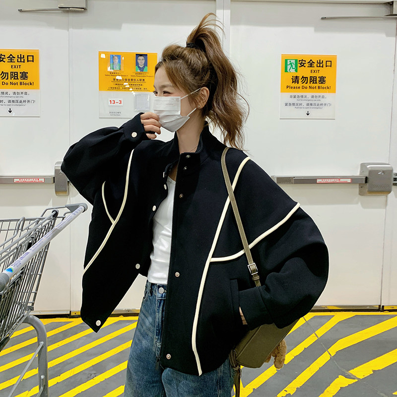 黑色拼接棒球服外套女2025年春秋新款韩版设计感宽松休闲夹克上衣,女装短外套,浙宝131