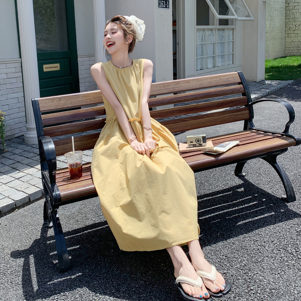 法式浪漫黄色无袖背心裙女2025年夏季新款时尚独特绝美温柔风裙子,女装连衣裙,浙宝131