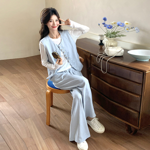 蕾丝花边小香风马甲套装女2025春季新款韩系气质减龄阔腿裤三件套图片