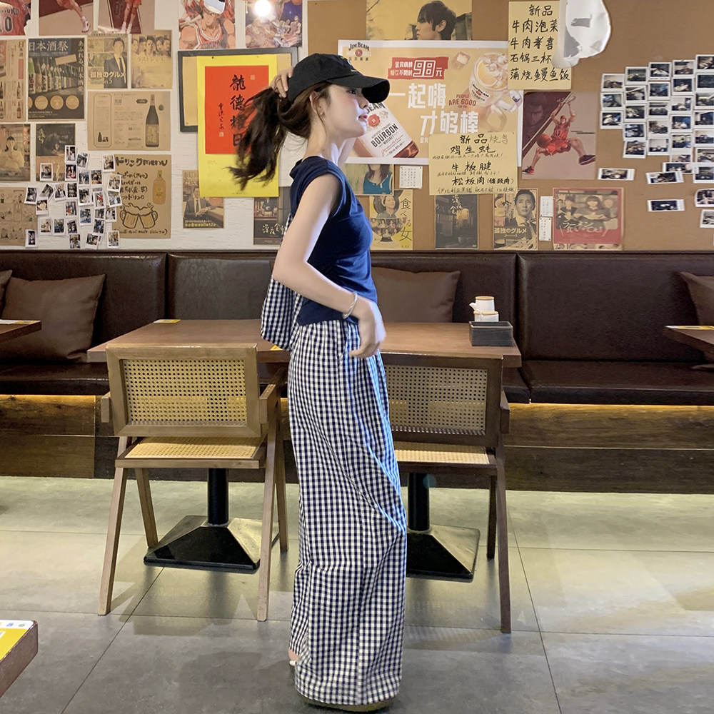 韩系慵懒气质套装女2025夏日穿搭一整套时尚T恤格子阔腿裤两件套,女装套装/套裙,浙宝131
