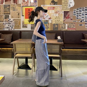 韩系慵懒气质套装女2025夏日穿搭一整套时尚T恤格子阔腿裤两件套图片