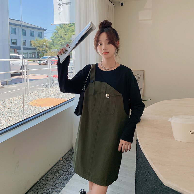 春装韩版假两件连衣裙女早春秋2025年新款设计感宽松军绿色背带裙,女装连衣裙,浙宝131
