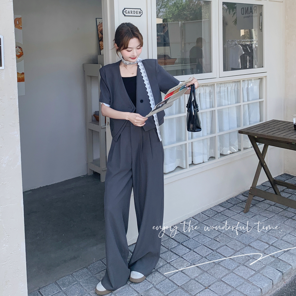 韩系chic蕾丝飘带西装套装女2025新款夏日松弛感穿搭阔腿裤两件套，女装套装/套裙，象礼