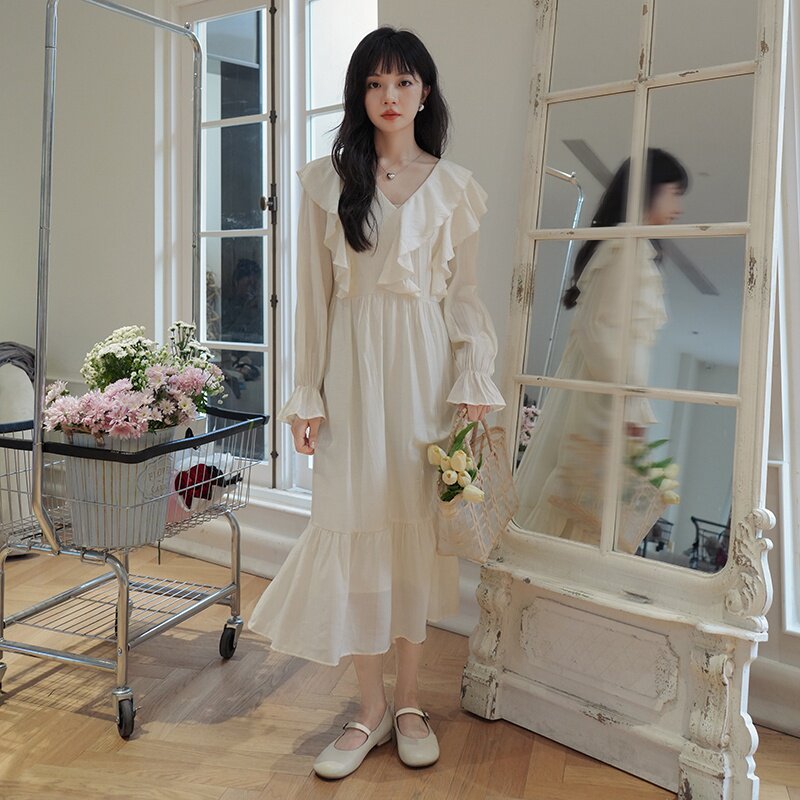 韩系露肩宽松显瘦拼接连衣裙女夏2025新款温柔风泡泡袖长款鱼尾裙，女装连衣裙，浙宝131