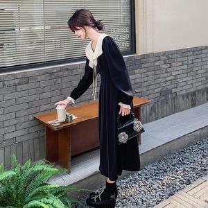 法式黑色长袖连衣裙2025新款春秋女赫本风气质娃娃领高腰显瘦裙子图片