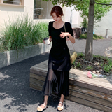 黑色御姐风气质显瘦连衣裙女2025夏季新款高级感拼接泡泡袖鱼尾裙，女装连衣裙，象礼