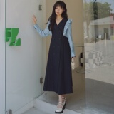 高级感法式假两件连衣裙女2025春秋木耳边v领双排扣显瘦雪纺长裙，女装连衣裙，象礼