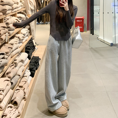 灰色运动裤女2025秋冬季新款加绒加厚直筒裤子休闲弯刀阔腿裤卫裤