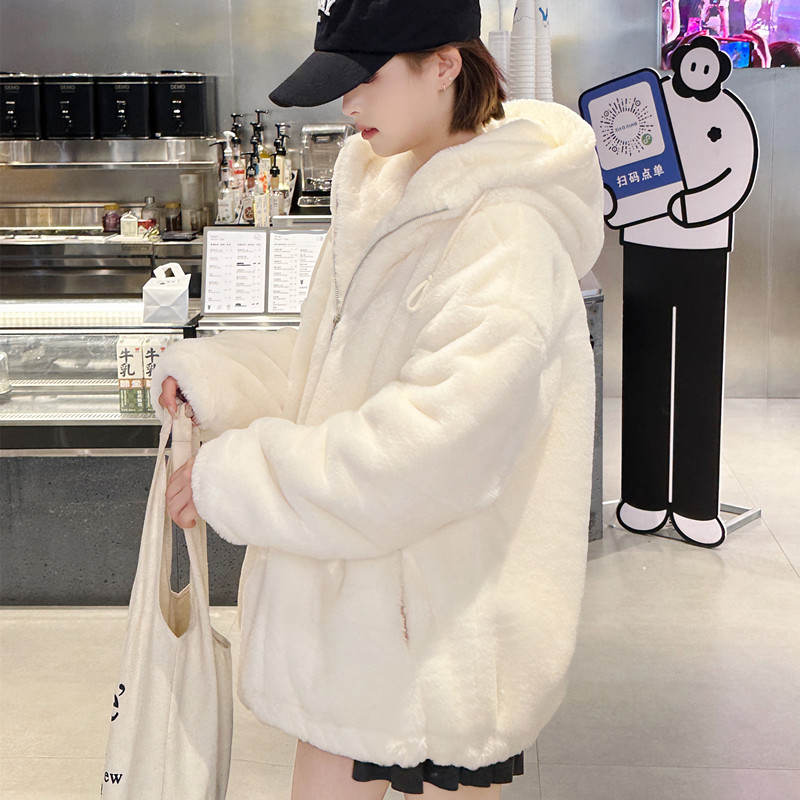 双面羊羔毛绒外套2025秋冬新款仿獭兔毛茸茸大衣短款加厚连帽棉服