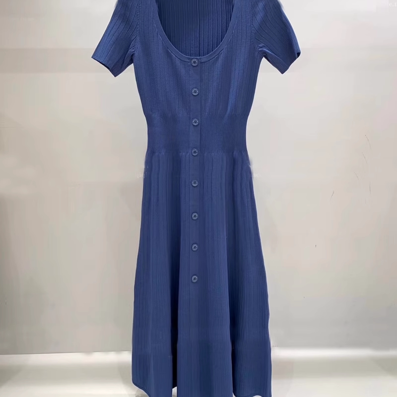 20纯色圆领纽扣针织修身短袖连衣裙女SFPRO01166